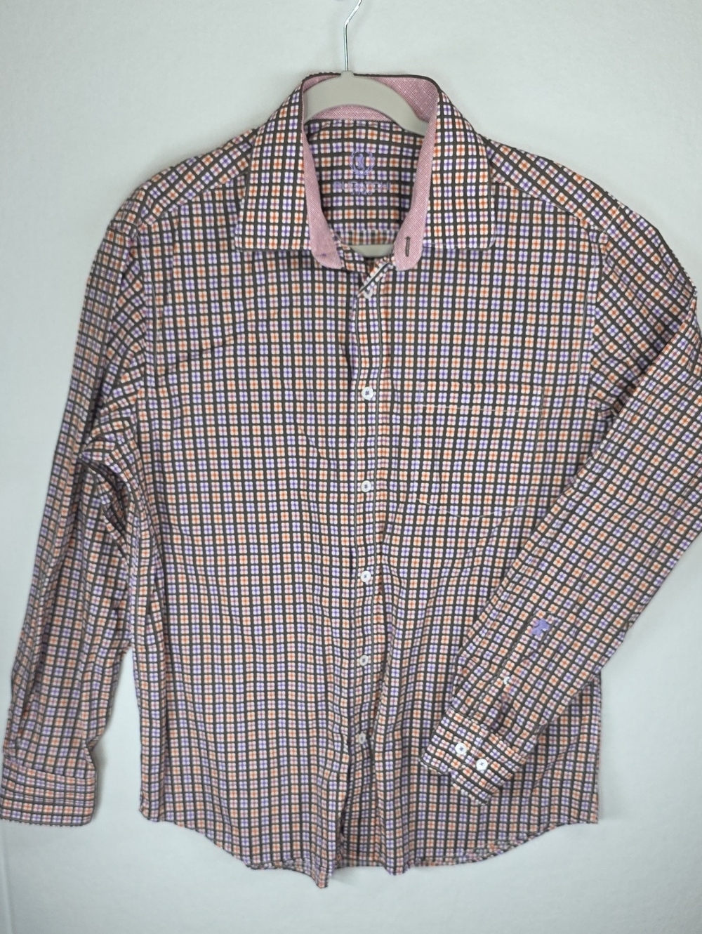 Bugatchi White‎ With Pink Black Purple Grid-Check Dress Shirt 100% Cotton Large